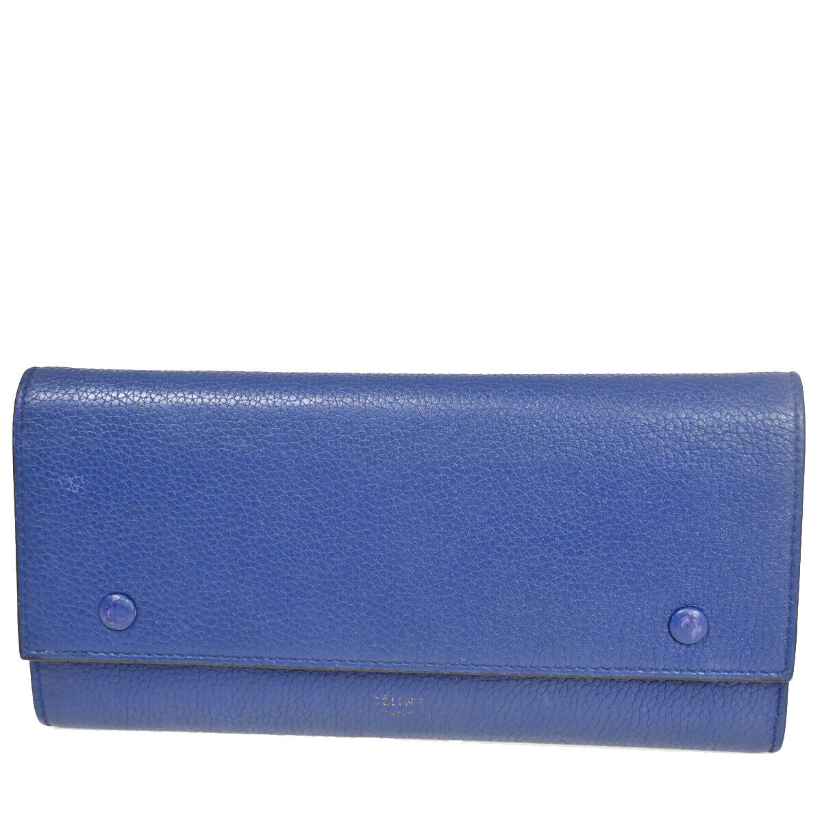 CELINE Logo Large Flap Long Bifold Wallet Purse Leather Blue Italy 01YB373