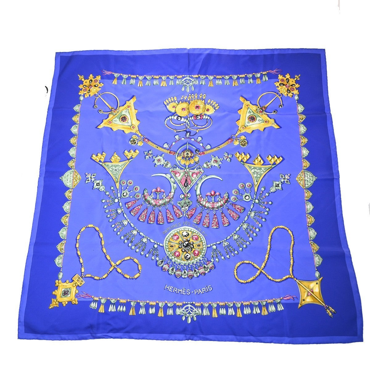 HERMES Logo Carre Scarf 90  " PARURES DES SABLES" 100% Silk Blue France 38YJ114