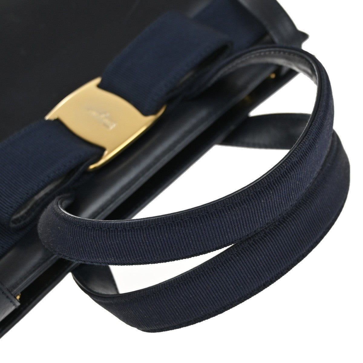 SALVATORE FERRAGAMO Vara 2Way Shoulder Hand Bag Canvas Leather Navy Blue 31EF372