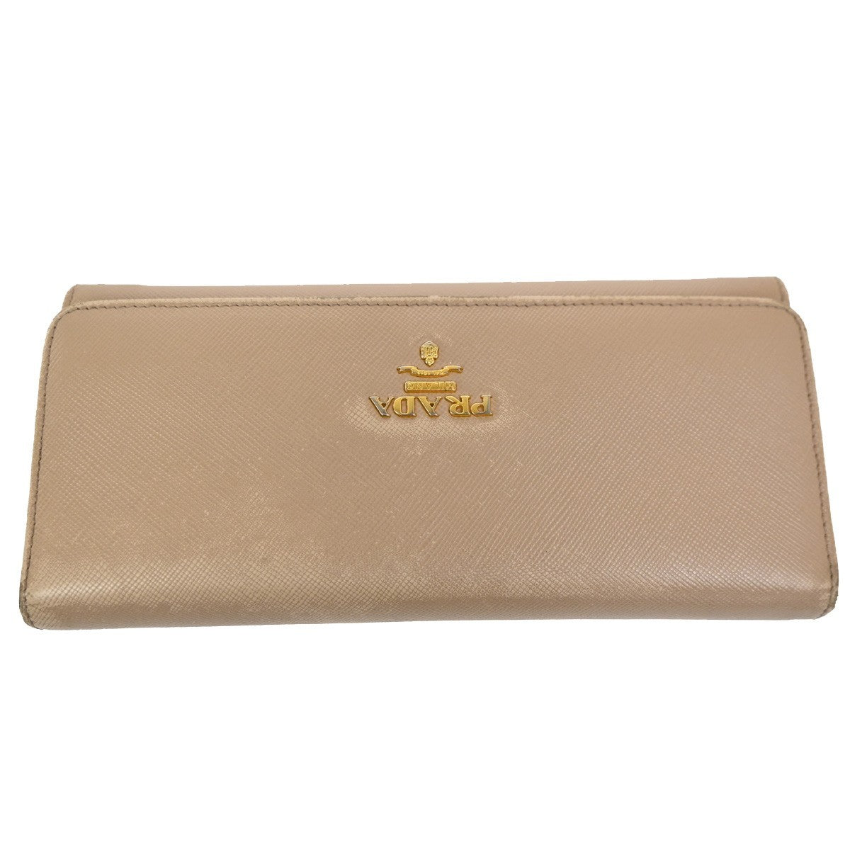 PRADA Logo Long Bi-Fold Wallet Saffiano Leather Beige Gold Italy 01TA298