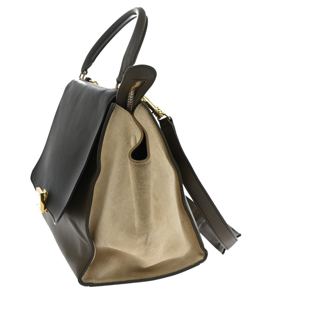 CELINE Trapeze Tricolor 2way Shoulder Hand Bag Leather Suede Khaki Beige 70KB559