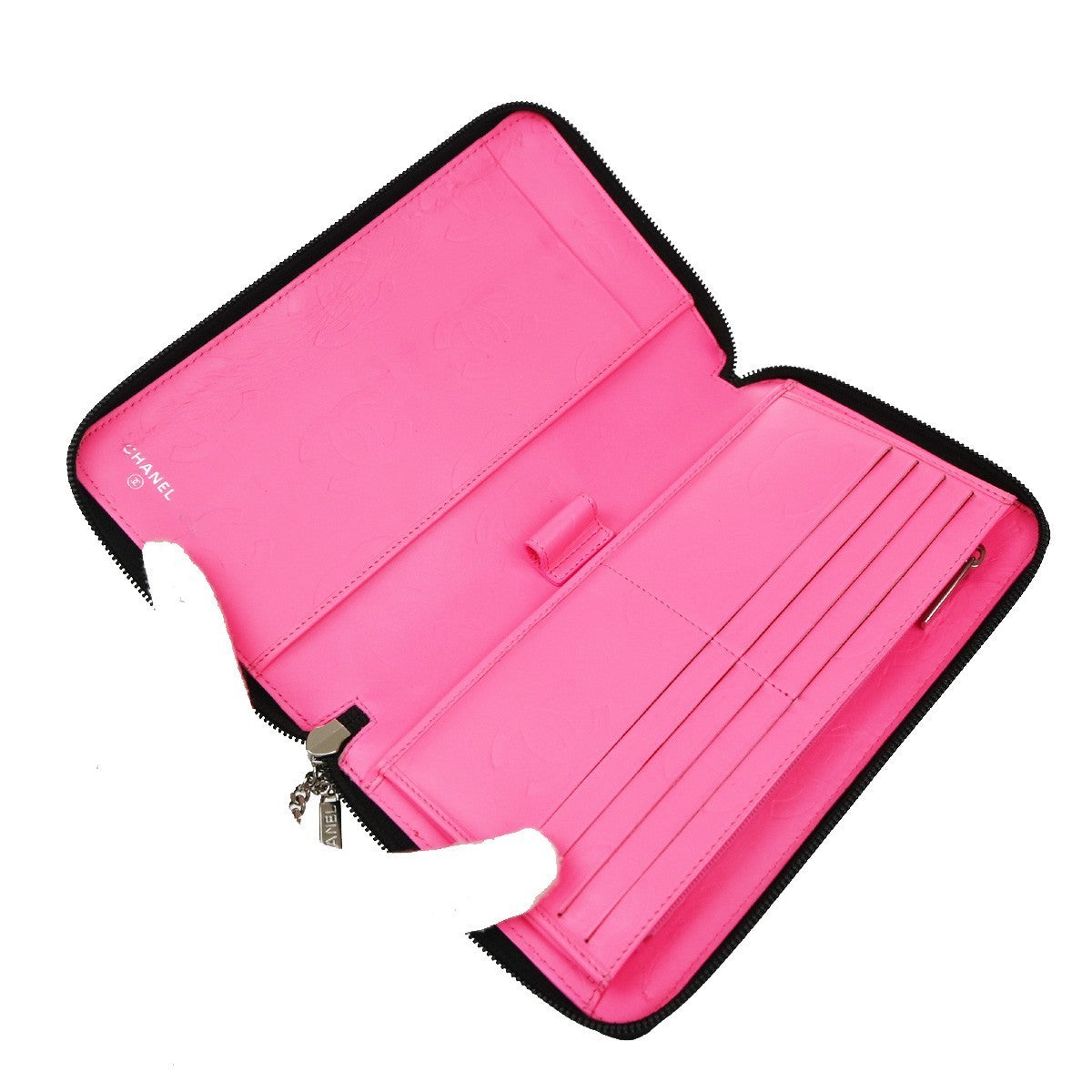 CHANEL CC Logo Cambon Long Bifold Wallet Patent Leather Black Pink Italy 16RF779