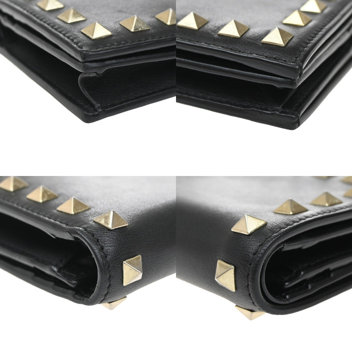 VALENTINO Logo Studs Compact Bifold Wallet Purse Leather Black GHW Italy 69KB160