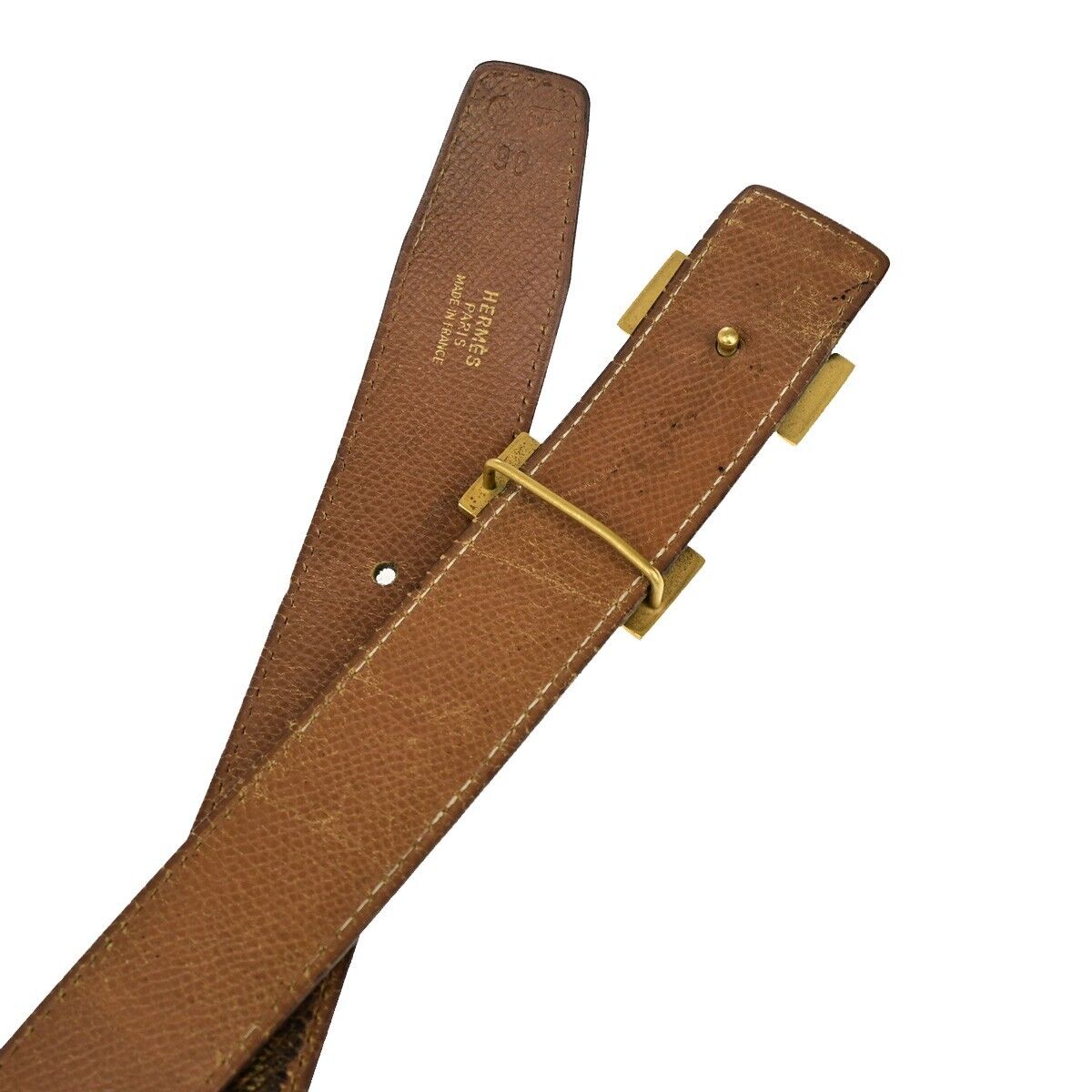 HERMES H Logo Constance Reversible Buckle Belt Leather #90 Black Brown 36YG749
