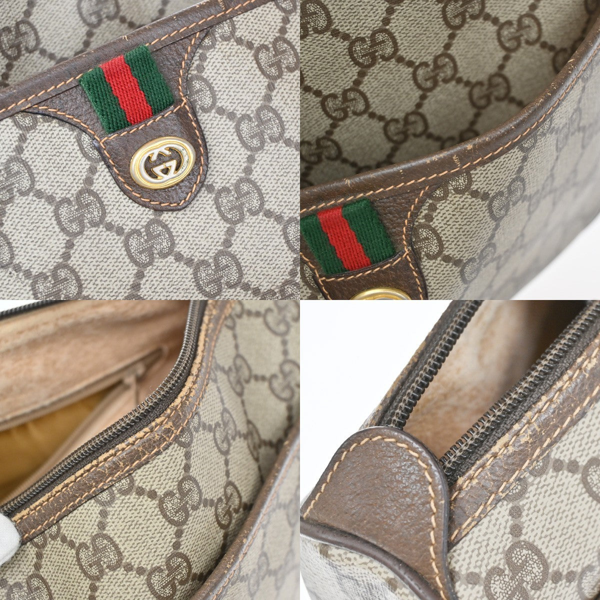 GUCCI Logo Web Sherry GG Pattern Shoulder Bag PVC Leather Brown Italy 65YJ167