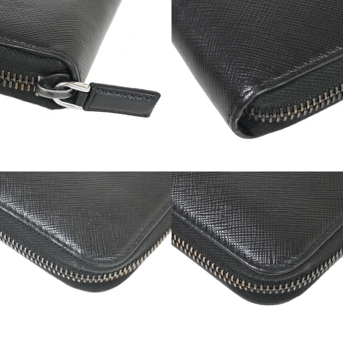 PRADA Logo Saffiano Long Bifold Wallet Purse Leather Black Silver Italy 87RH021