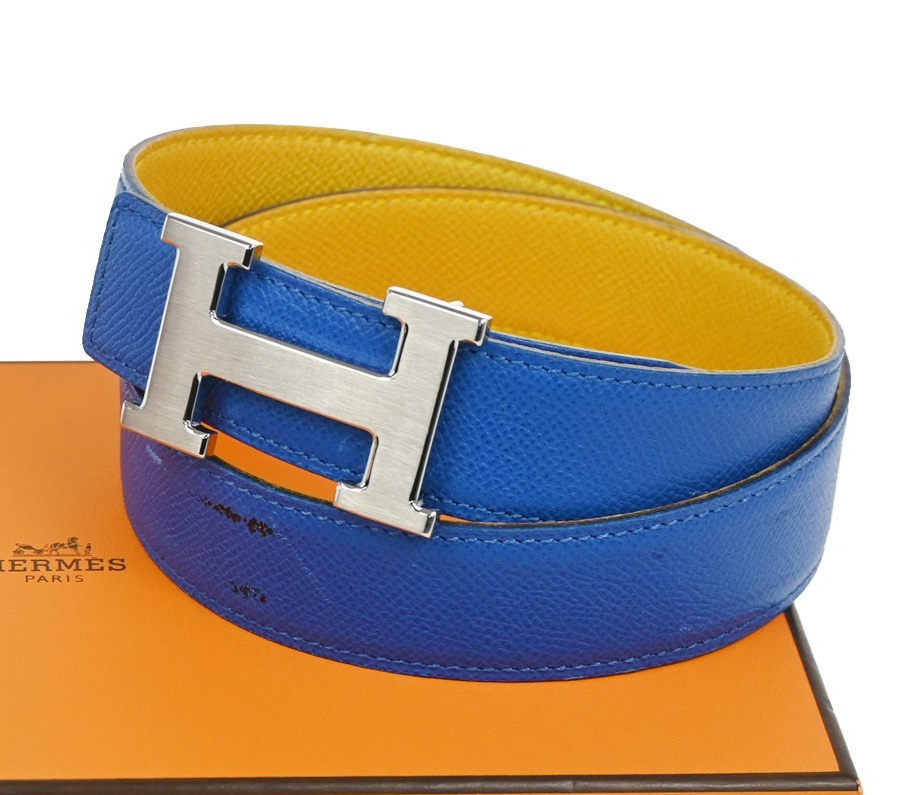 HERMES H Logo Constance Reversible Buckle Belt Leather #80 SHW Blue YW 82KC662