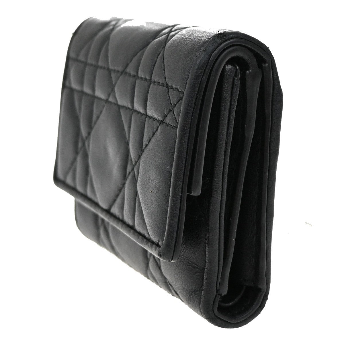 CHRISTIAN DIOR Cannage Charm Trifold Compact Wallet Leather Black GHW 65KB466