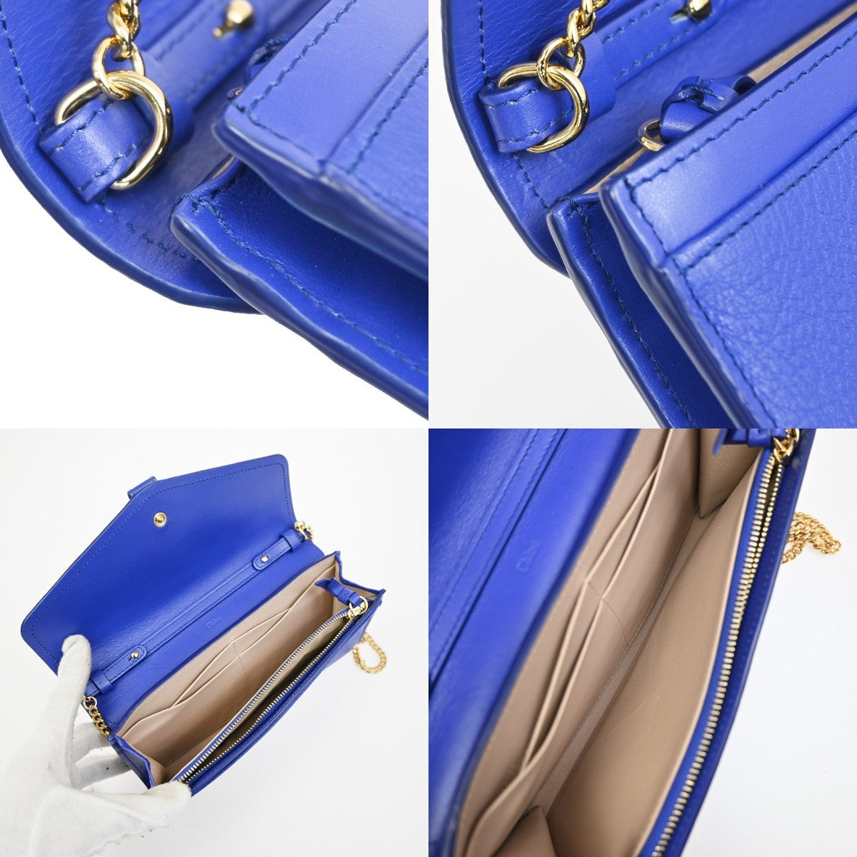 CHLOE Logo Chain Shoulder Bifold Long Wallet Leather Blue GHW Spain 64MA495