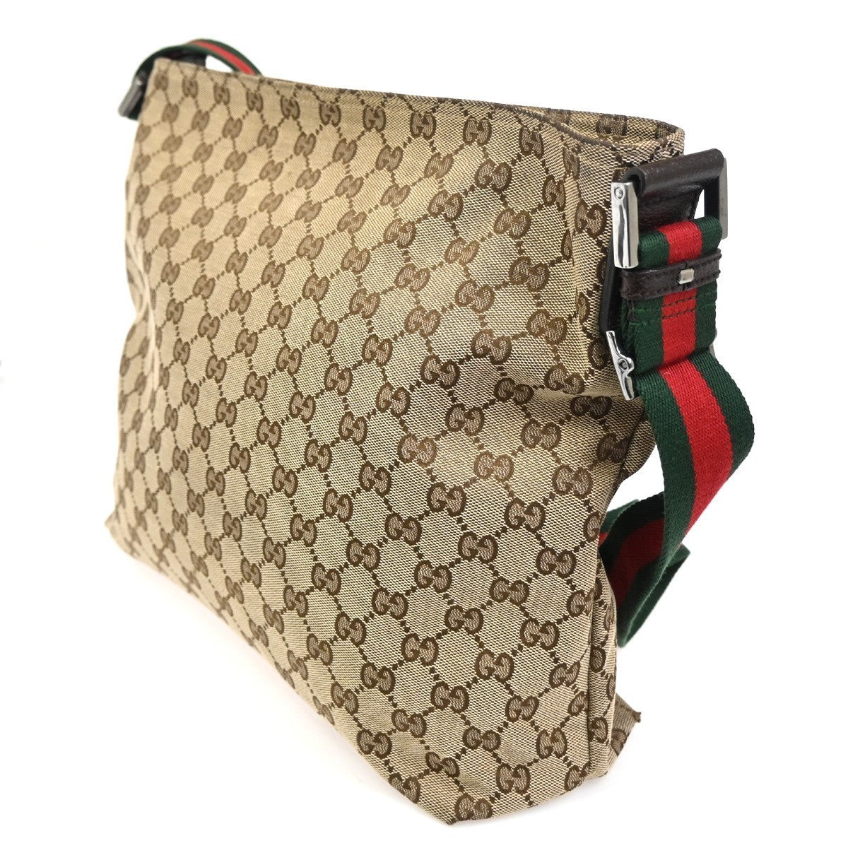 GUCCI Logo GG Pattern Web Messenger Bag Canvas Leather Brown SHW Italy 34KC493