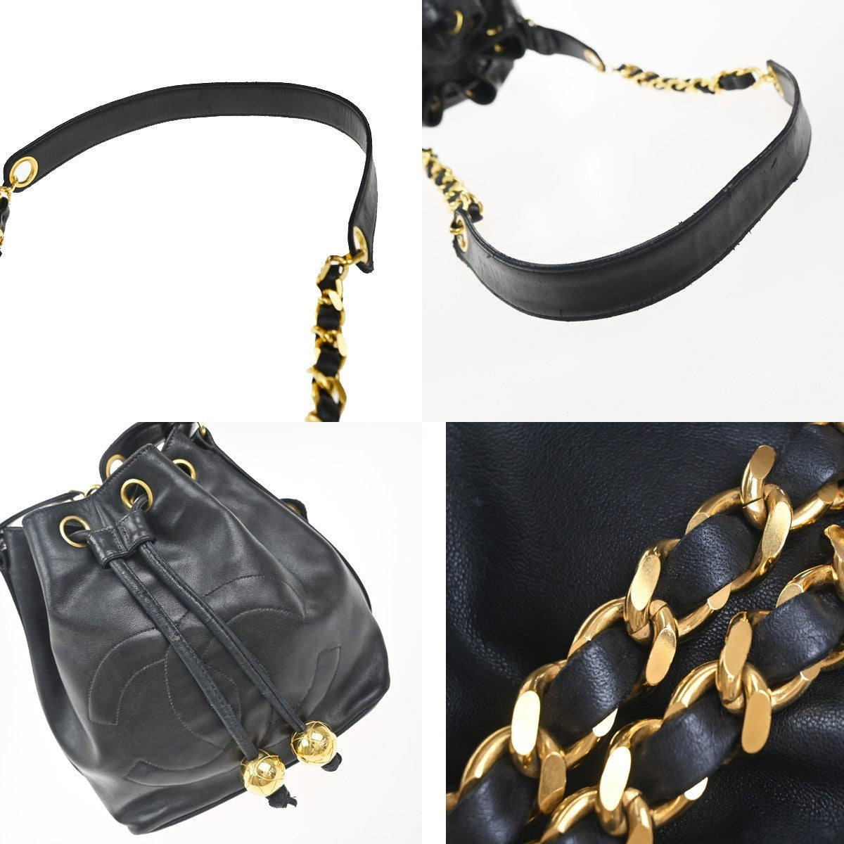 CHANEL CC Logo Drawstring Mini Chain Shoulder Bag Leather Black Vintage 40RP062