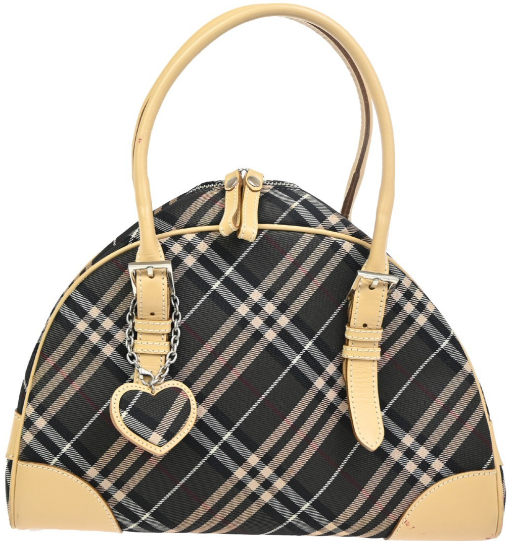 BURBERRY BLUE LABEL Nova Check Tote Bag Heart Charm Canvas Leather Brown 63KC467