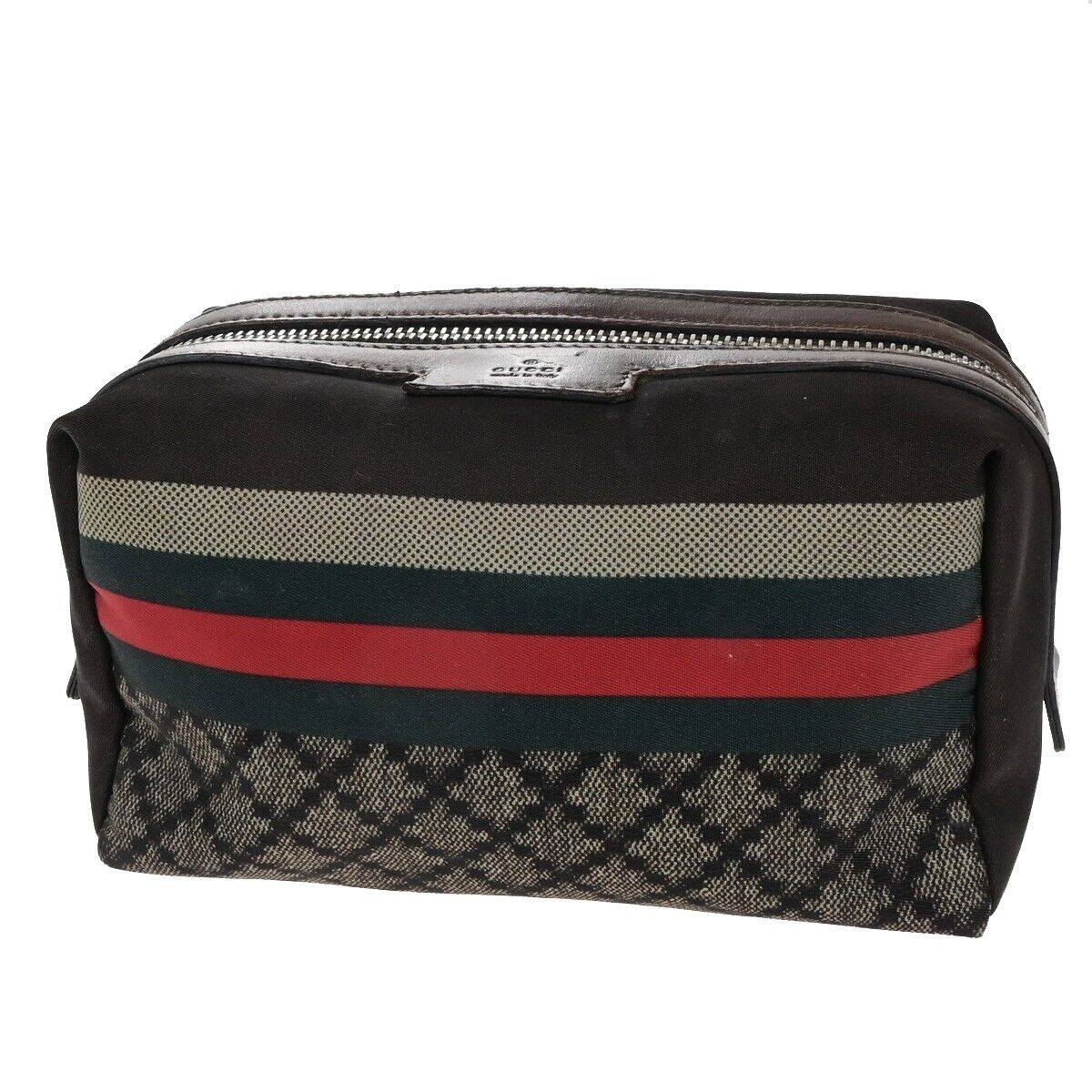 GUCCI Logo Diamante Sherry Pouch Bag Nylon Leather Brown SHW Italy 08ED673