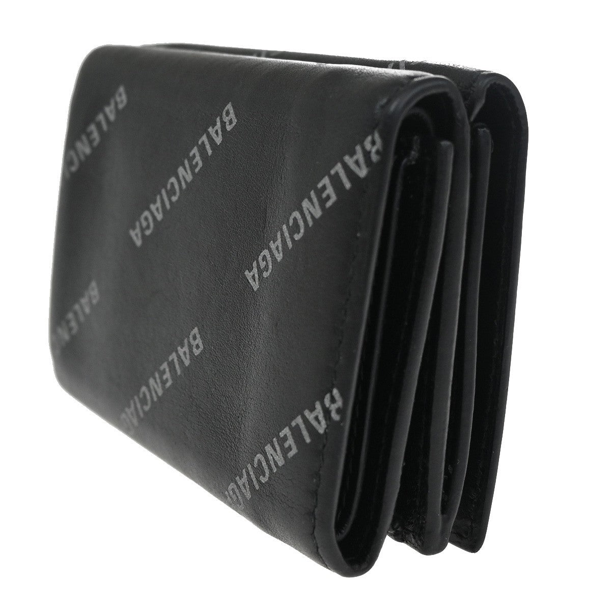 BALENCIAGA Logo Mini Trifold Wallet Purse Leather Black SHW Italy 60TA315