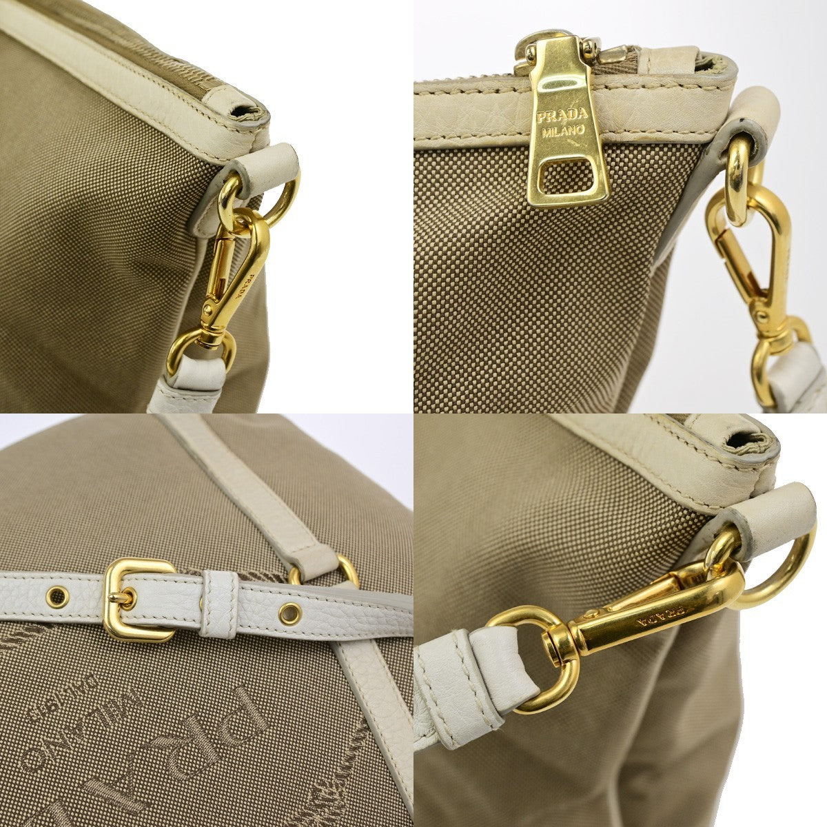 PRADA Logo Jacquard 2Way Shoulder Bag Canvas Leather Brown White GHW 84YJ274