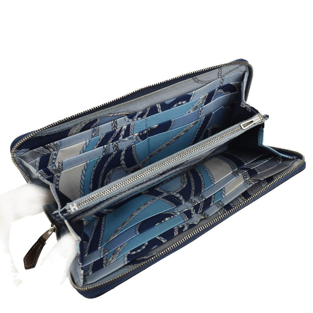 HERMES Azap Silk In Long Zipper Bifold Wallet Purse Leather Blue Silver 37JH641