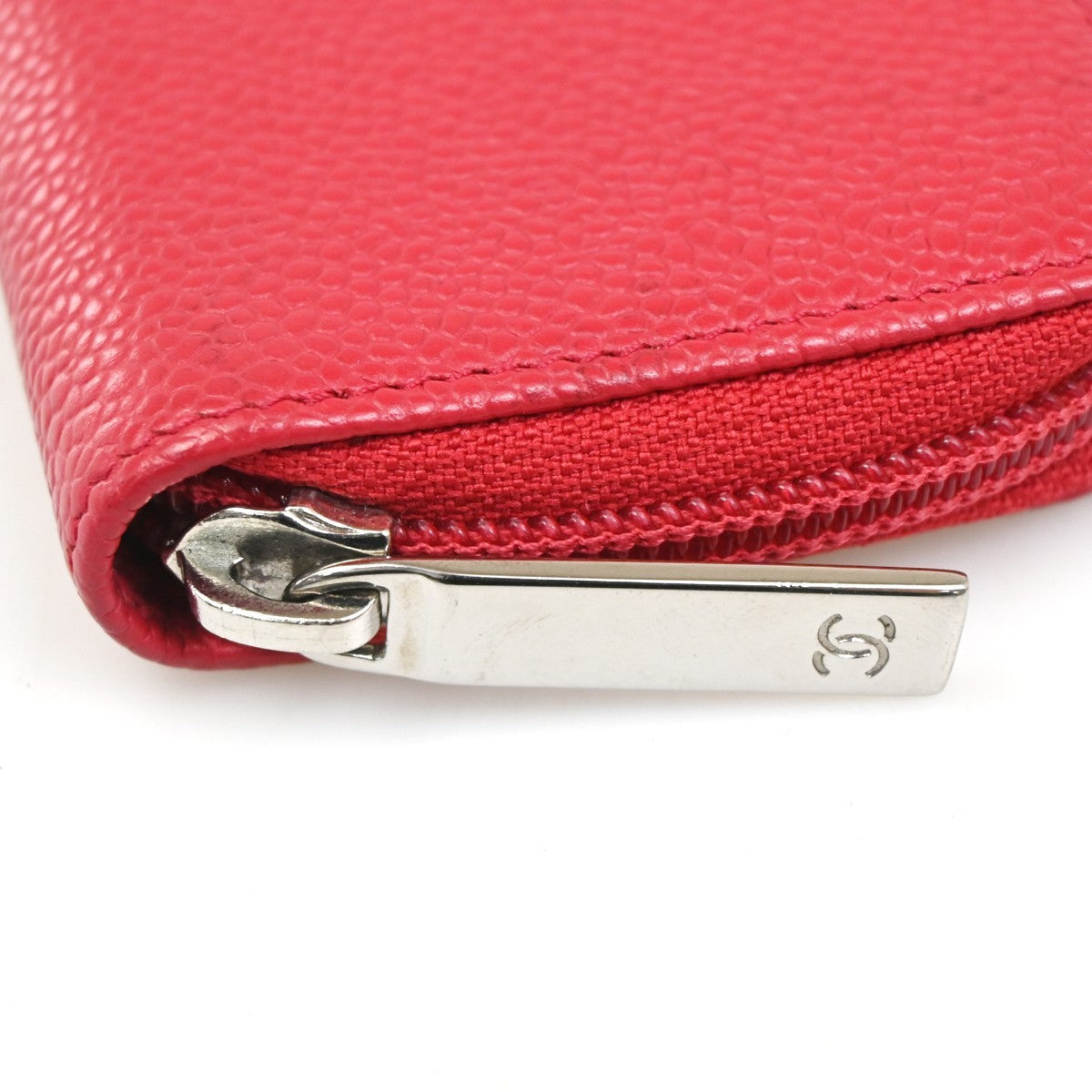 CHANEL CC Logo Zip Around Coin Wallet Grained Calfskin Leather Red Italy 87RL776