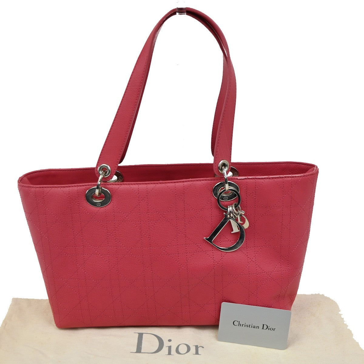 CHRISTIAN DIOR Lady Cannage Shoulder Tote Bag Leather Pink SHW 75TA300