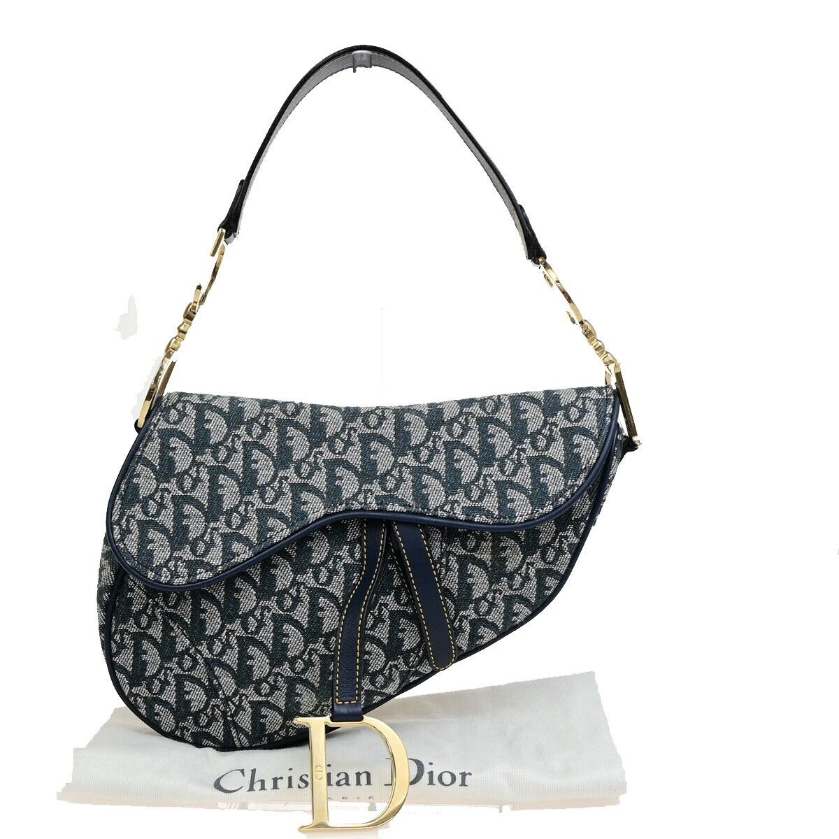CHRISTIAN DIOR Trotter Saddle Shoulder Bag Canvas Leather Navy Blue 332RF225