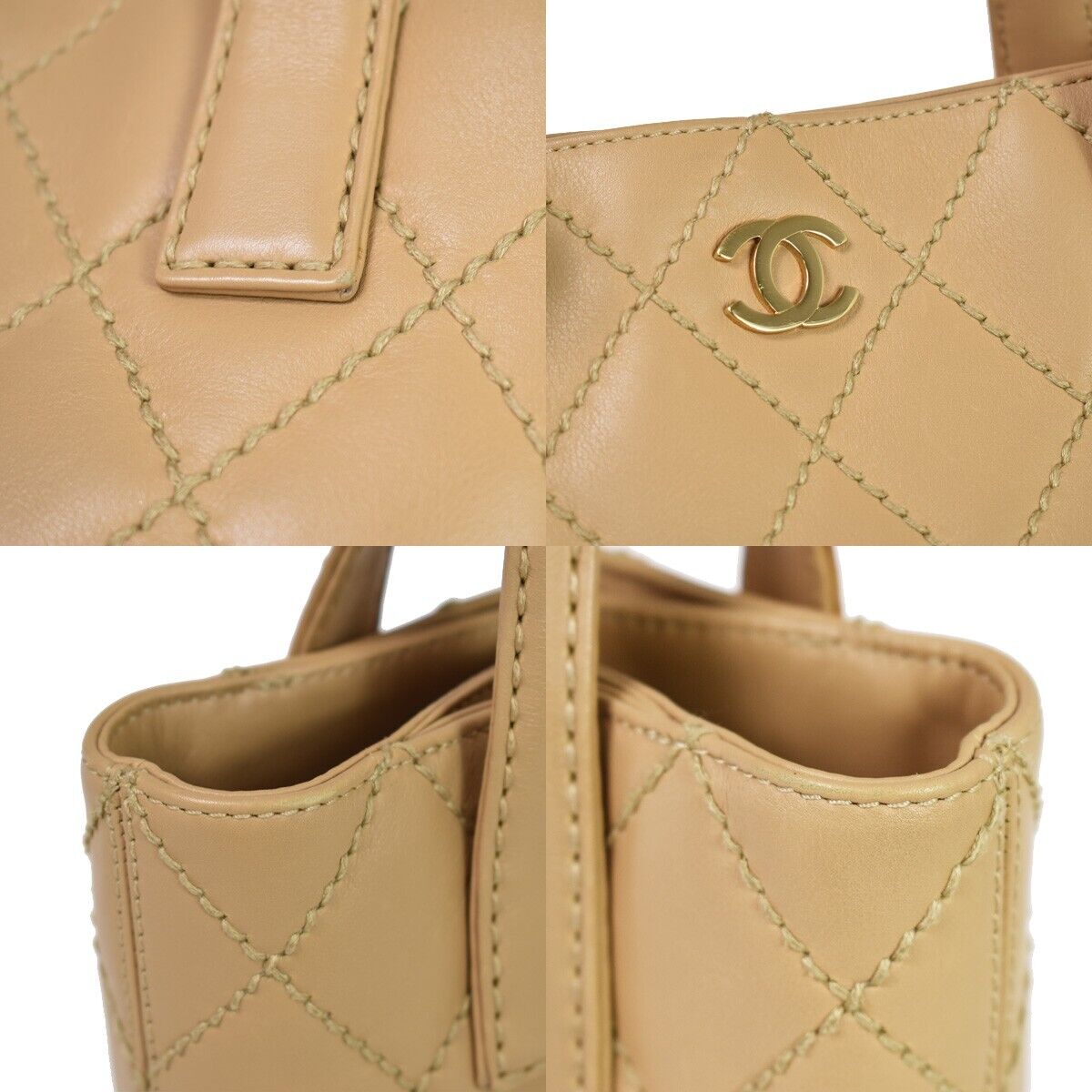 CHANEL CC Logo Wild Stitch Hand Tote Bag Leather Beige Gold Italy 699RH707
