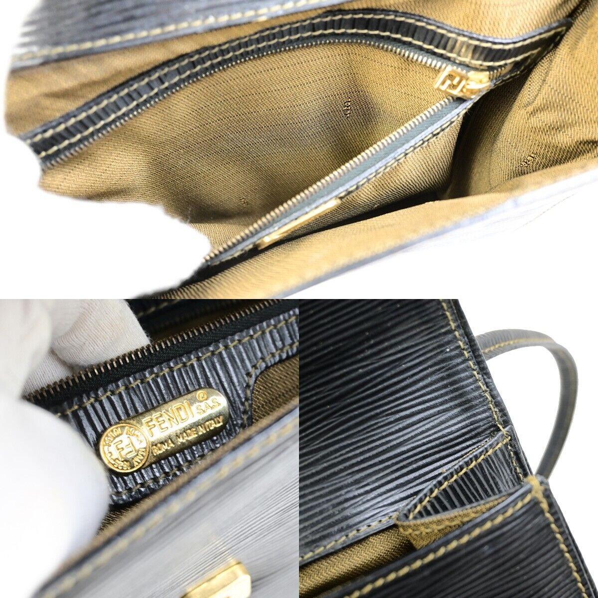 FENDI Logo Zucca Pattern Shoulder Bag Canvas Leather Brown Black GHW 76ED916