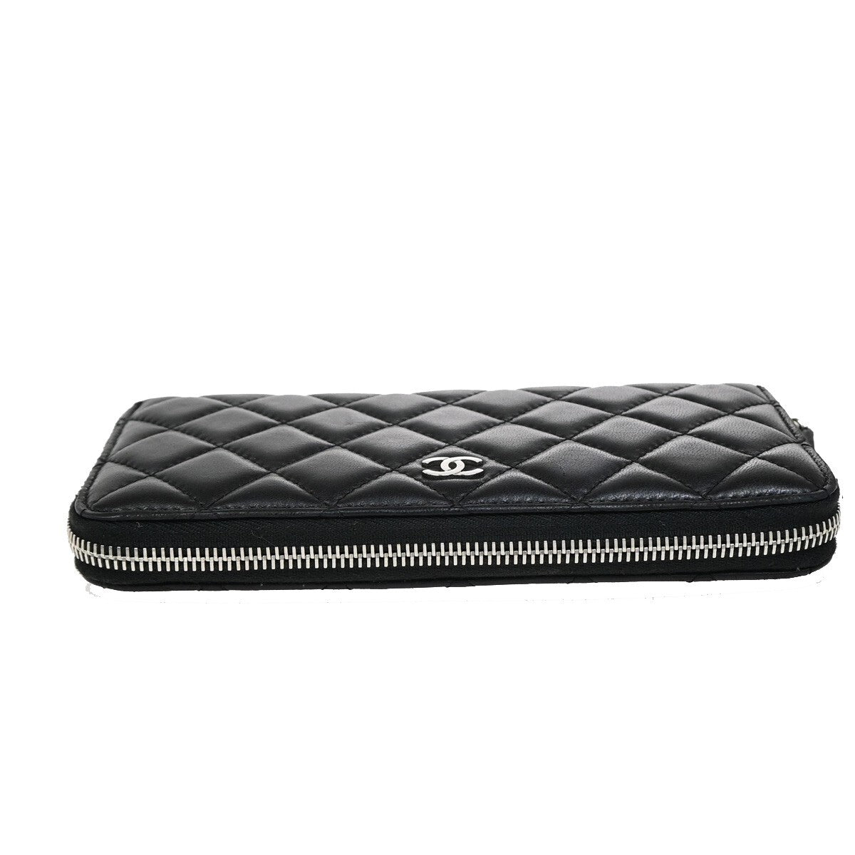 CHANEL CC Logo Matelasse Zip Around Long Wallet Leather Black Silver 10RF286