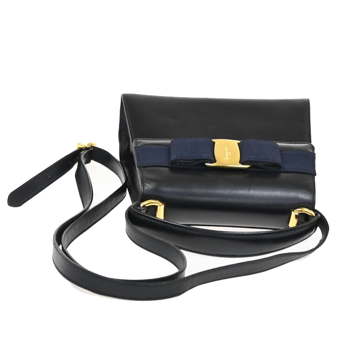SALVATORE FERRAGAMO Logo 2Way Mini Shoulder Hand Bag Leather Navy Blue 62YJ092