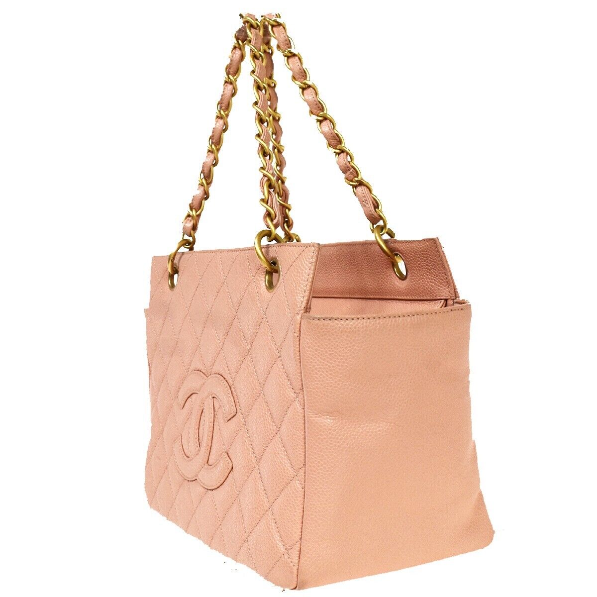 CHANEL CC Logo Matelasse Chain Hnd Bag Caviar Leather Pink GD Vintage 651RC482