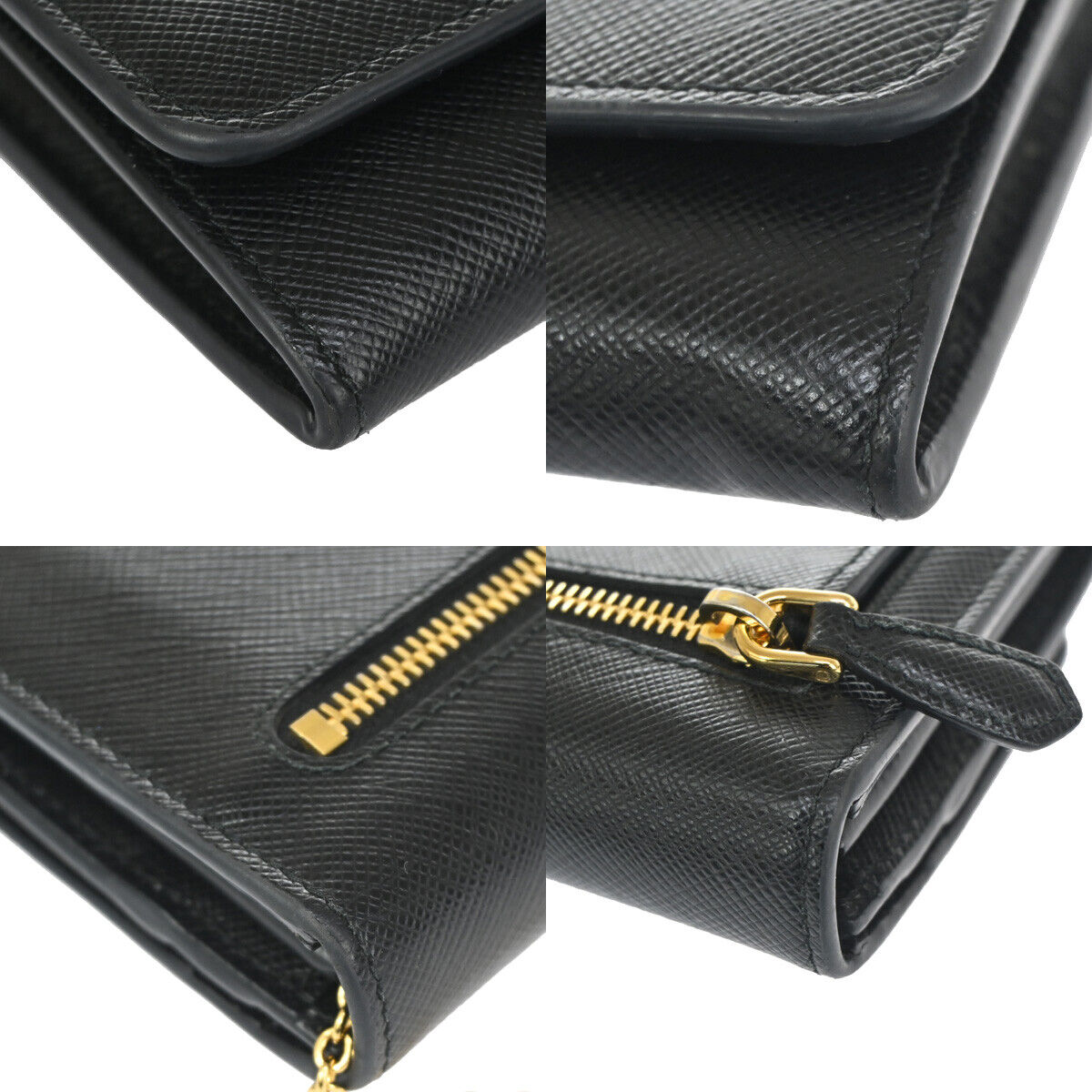 PRADA Logo Long Bifold Wallet Saffiano Leather Black Nero Gold Italy 70RH734