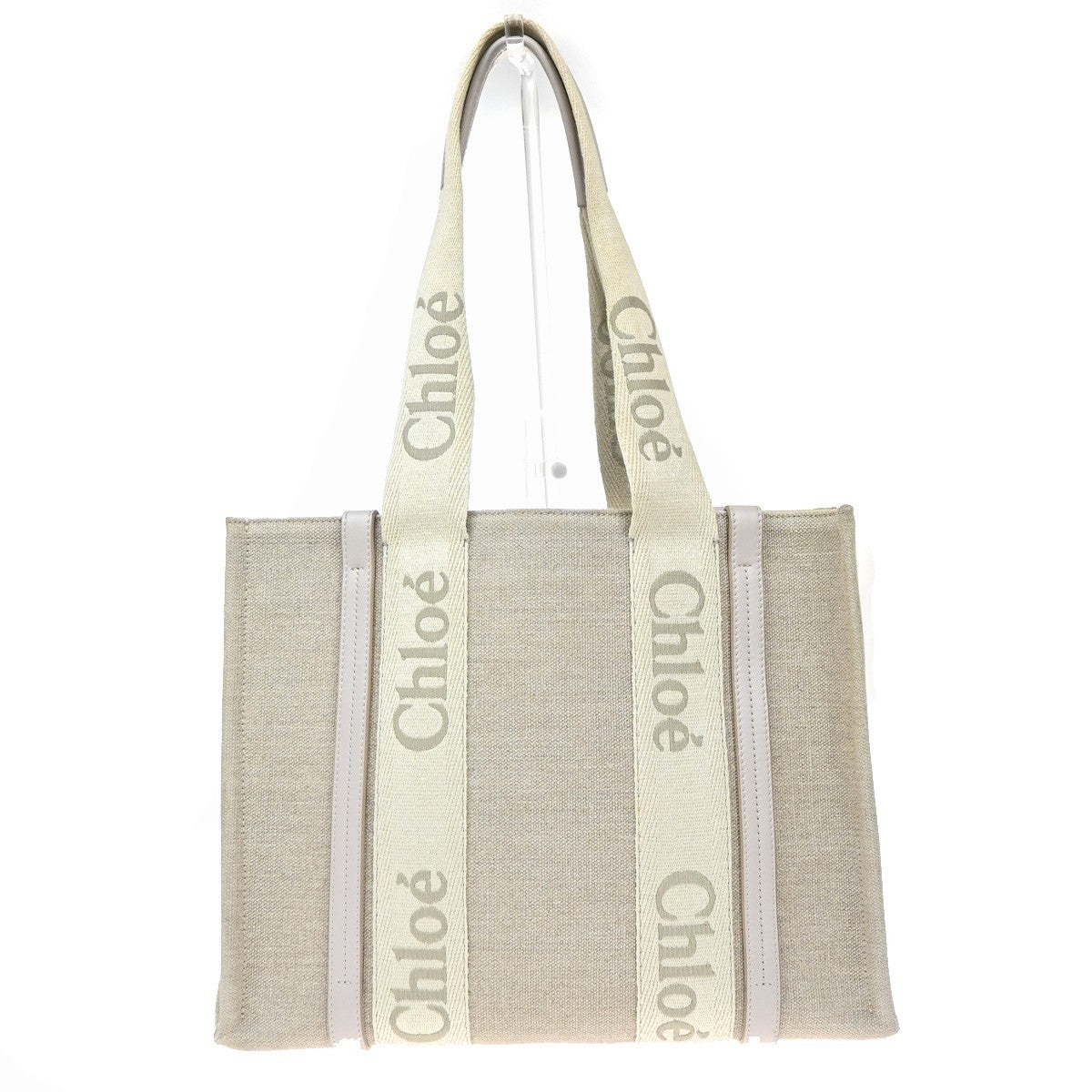 CHLOE Logo Woody Medium Shoulder Tote Bagi Linen Leather Beige Italy 84YJ242