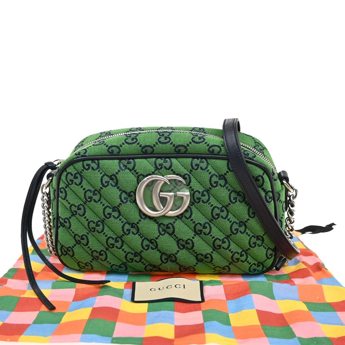 GUCCI Marmont GG Pattern Chain Shoulder Bag Canvas Leather Green 631RF291