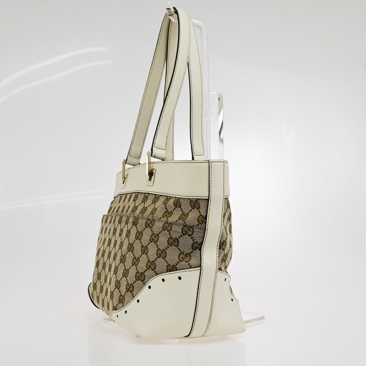 GUCCI Logo GG Pattern Shoulder Bag Canvas Leather Brown White GHW 76EE101