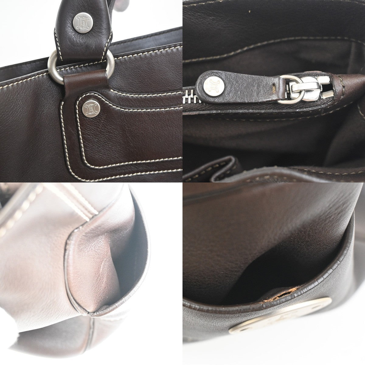CELINE Logo Boogie Stitch Detail Hand Tote Bag Leather Brown GHW Italy 35ZA347