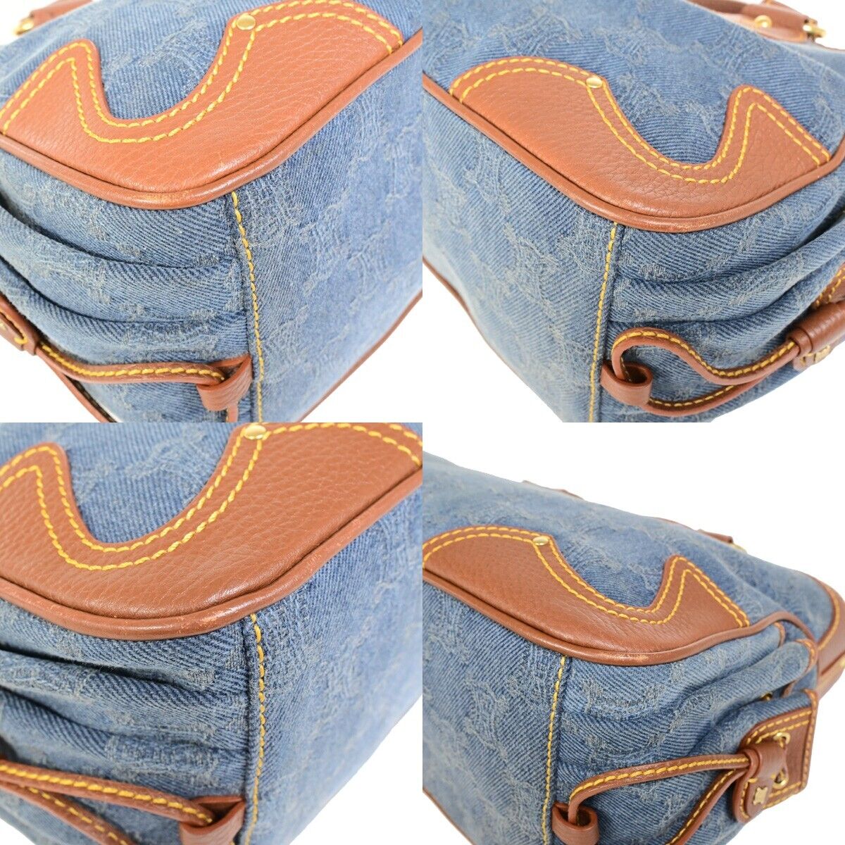 CELINE Logo Macadam Pattern Hand Tote Bag Denim Leather Brown 86FB086
