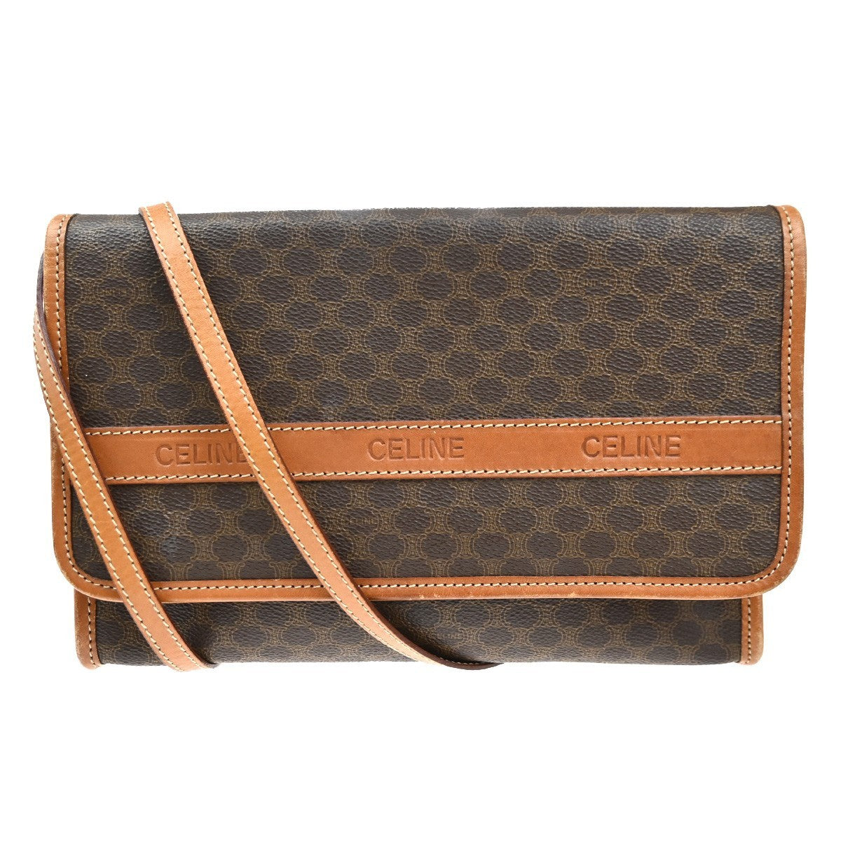 CELINE Logo Macadam Pattern 2Way Shoulder Clutch PVC Leather Brown Italy 30CA499