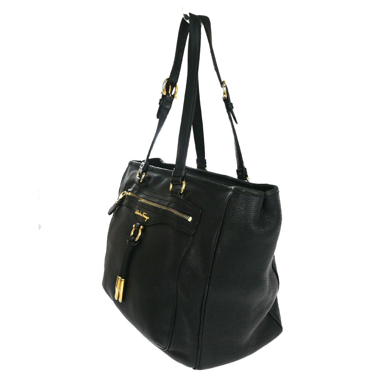 SALVATORE FERRAGAMO Logo Gancini Shoulder Bag Leather Black Gold Italy 63YC962