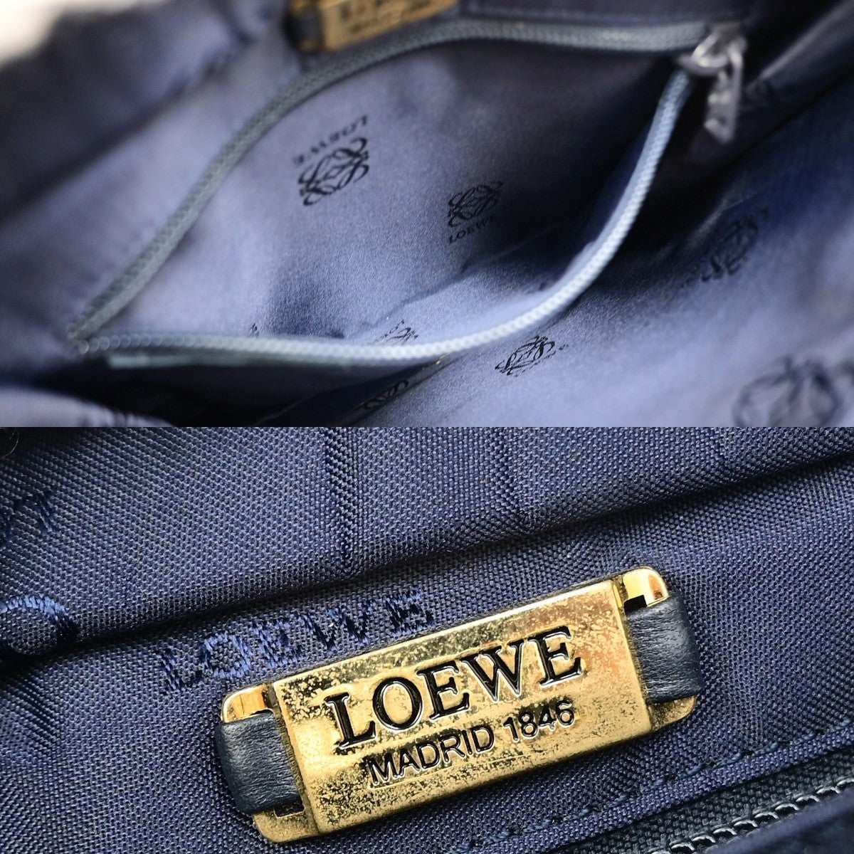 LOEWE Logo Anagram Shoulder Hand Bag Leather Navy Blue GHW Spain 66YJ270