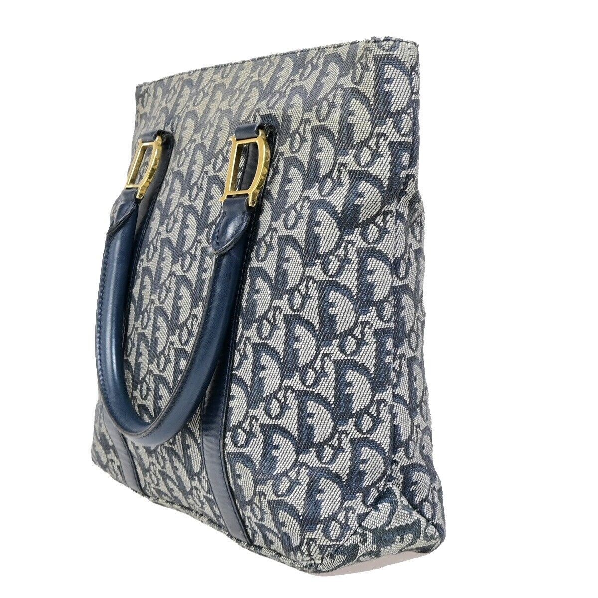 CHRISTIAN DIOR Trotter Pattern Hand Tote Bag Canvas Leather Blue GHW 35EB800