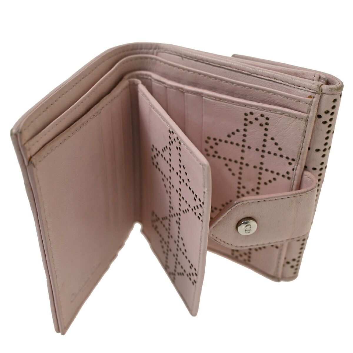 Christian Dior Cannage Bifold Wallet Purse Leather Pink Sliver Italy 07FA106
