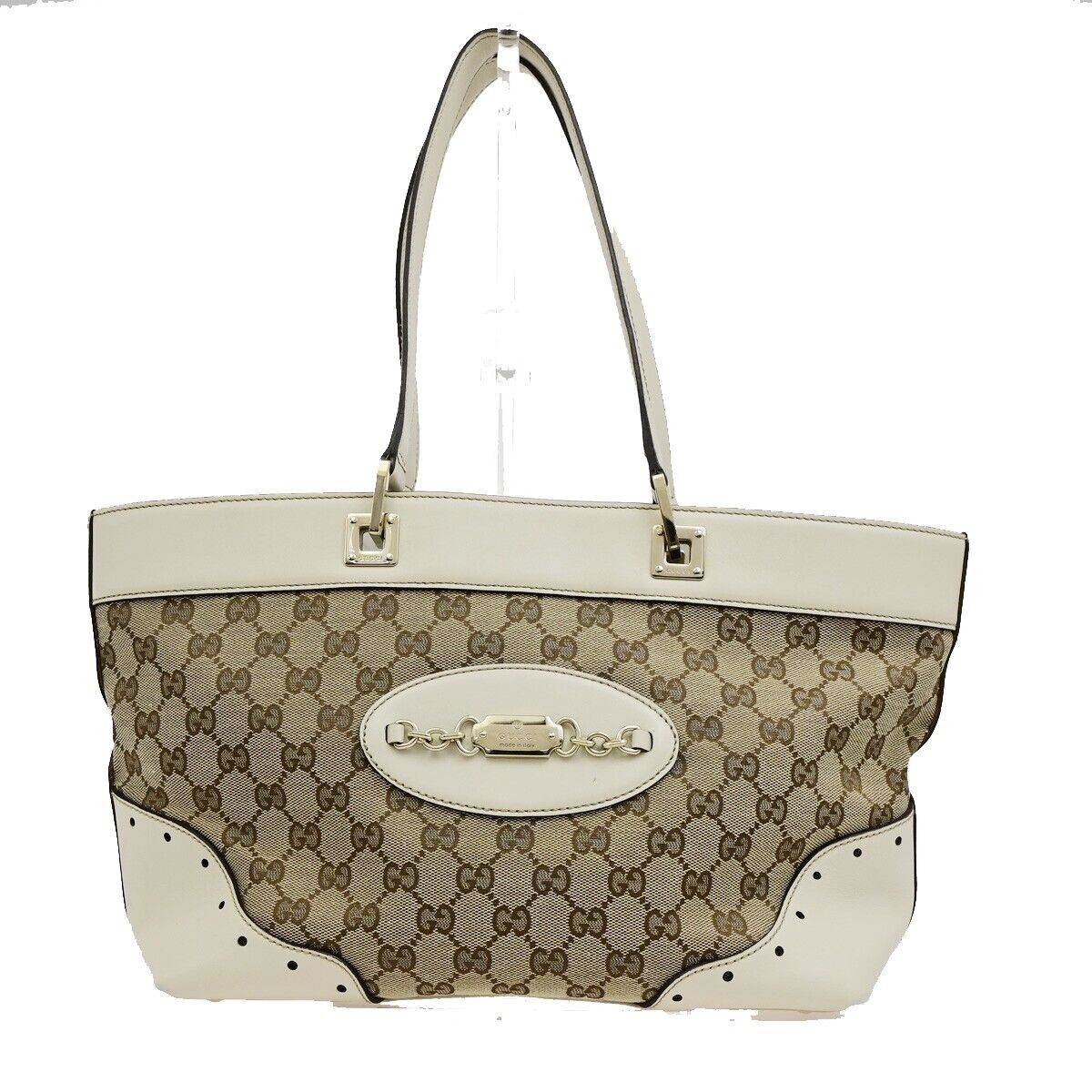 GUCCI Logo GG Pattern Shoulder Bag Canvas Leather Brown White GHW 76EE101