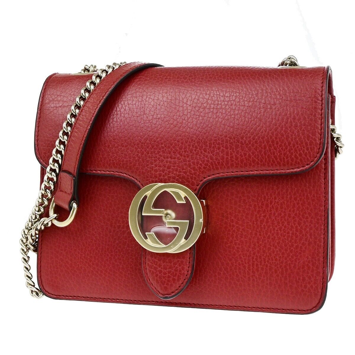 GUCCI Logo Interlocking G Mini Chain Shoulder Bag Leather Red GHW Italy 14ED352