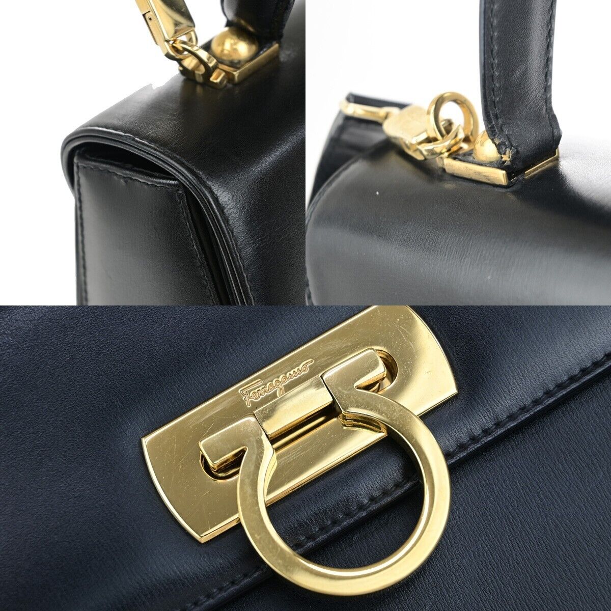 SALVATORE FERRAGAMO Gancini 2Way Shoulder Hand Bag Leather Black GHW 83EC641