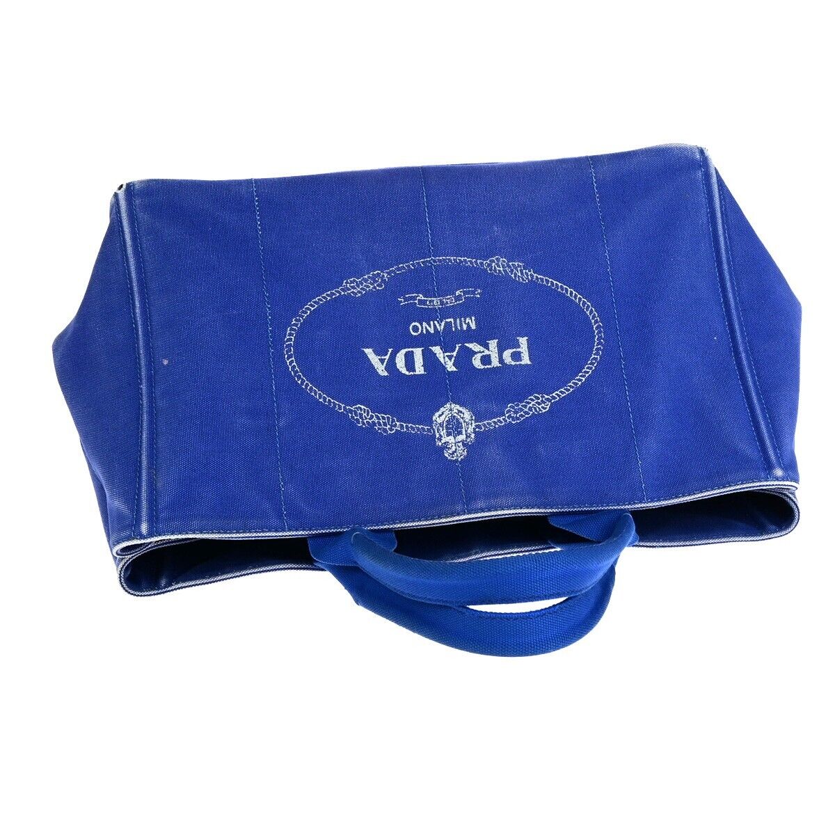 PRADA Milano Logo CANAPA Tote Hand Bag Canvas Leather Blue Gold 68EB512