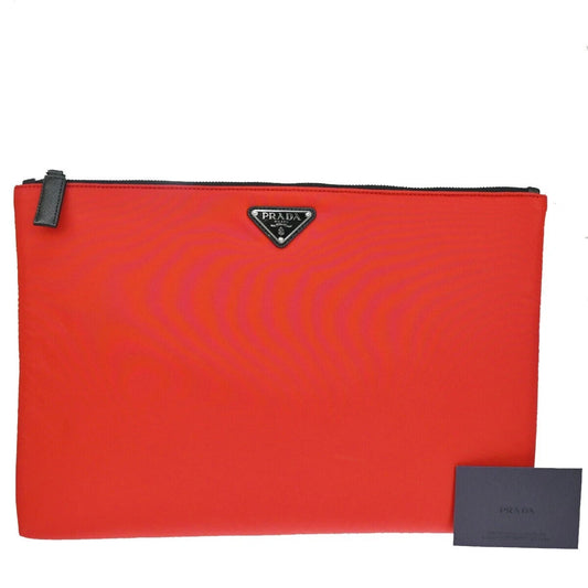 PRADA Logo Tessuto Clutch Hand Bag Nylon Saffiano Leather Red Rosso SHW 38YH266