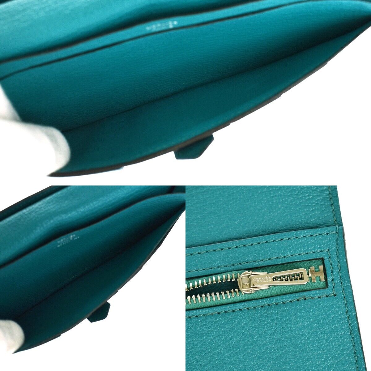 HERMES H Logo Bearn Long Bifold Wallet Purse Chevre Leather Green 32RH514