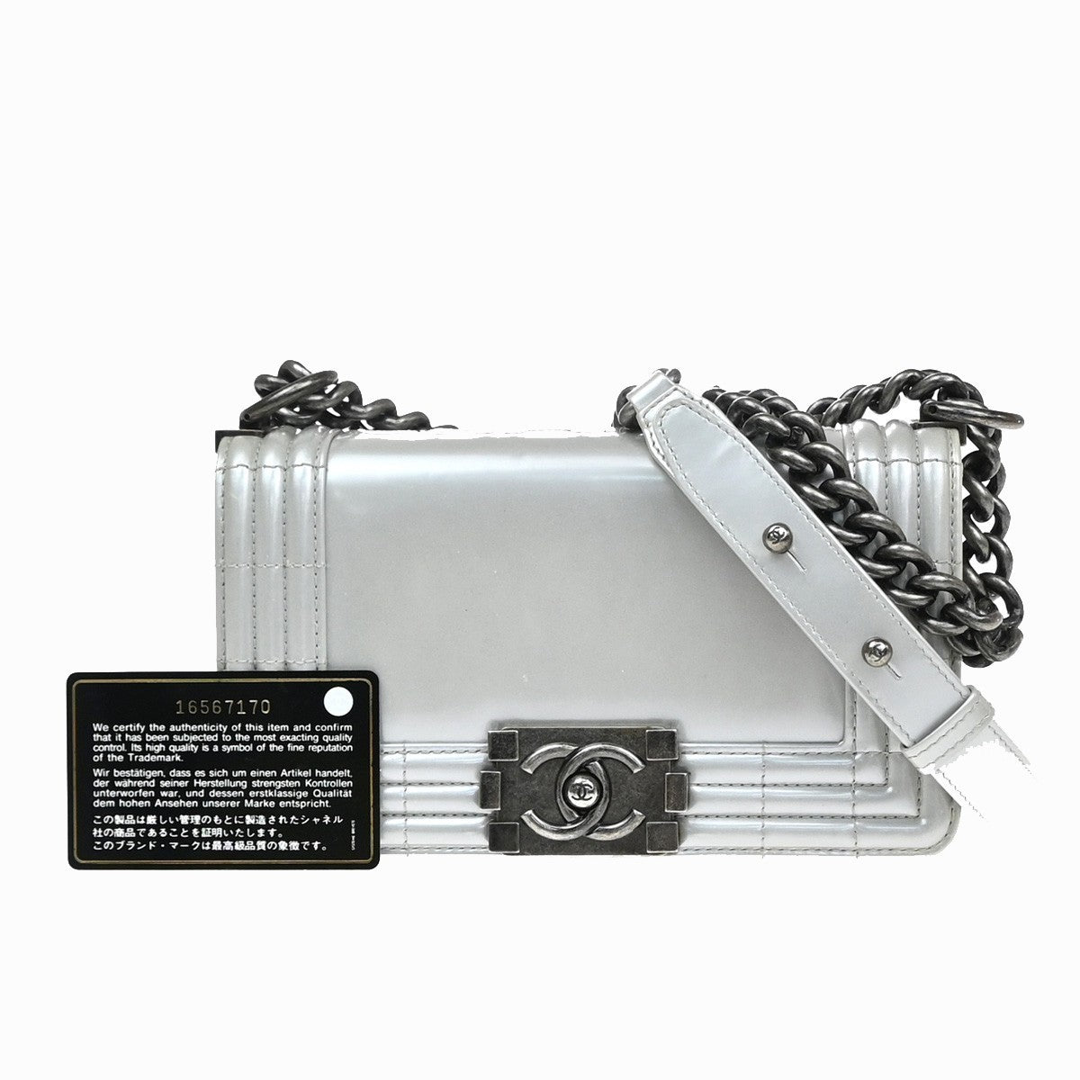 CHANEL Boy CC Chain Shoulder Bag Patent Leather Silver SHW Italy 627RP168