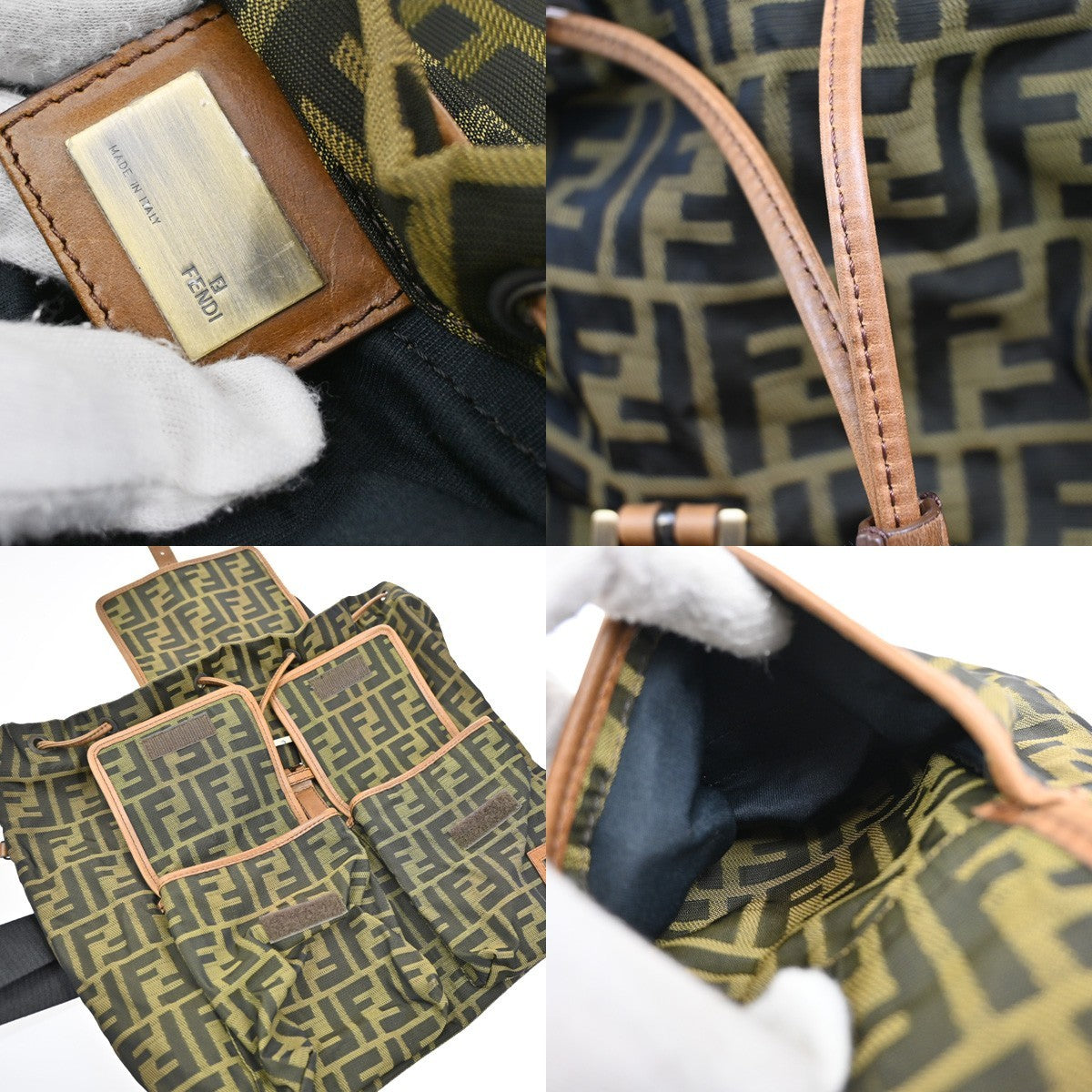 FENDI Logo Zucca Backpack Bag Canvas Leather Brown Khaki Italy 18KB450