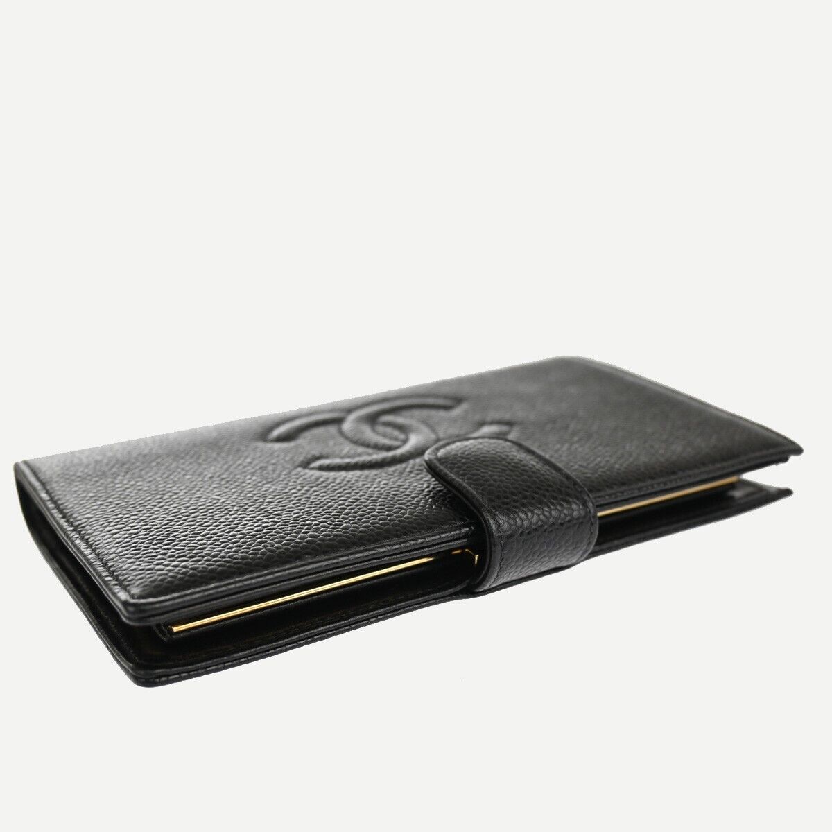 CHANEL CC LOGO Long Bifold Wallet Purse Caviar Skin Leather Black France 11RJ691