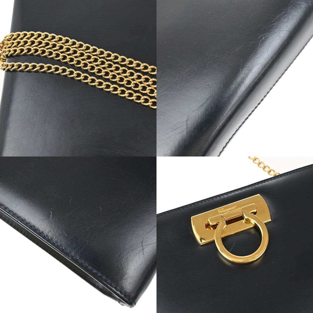 SALVATORE FERRAGAMO Gancini 2Way Chain Shoulder Clutch Bag Leather Blue 38YH750