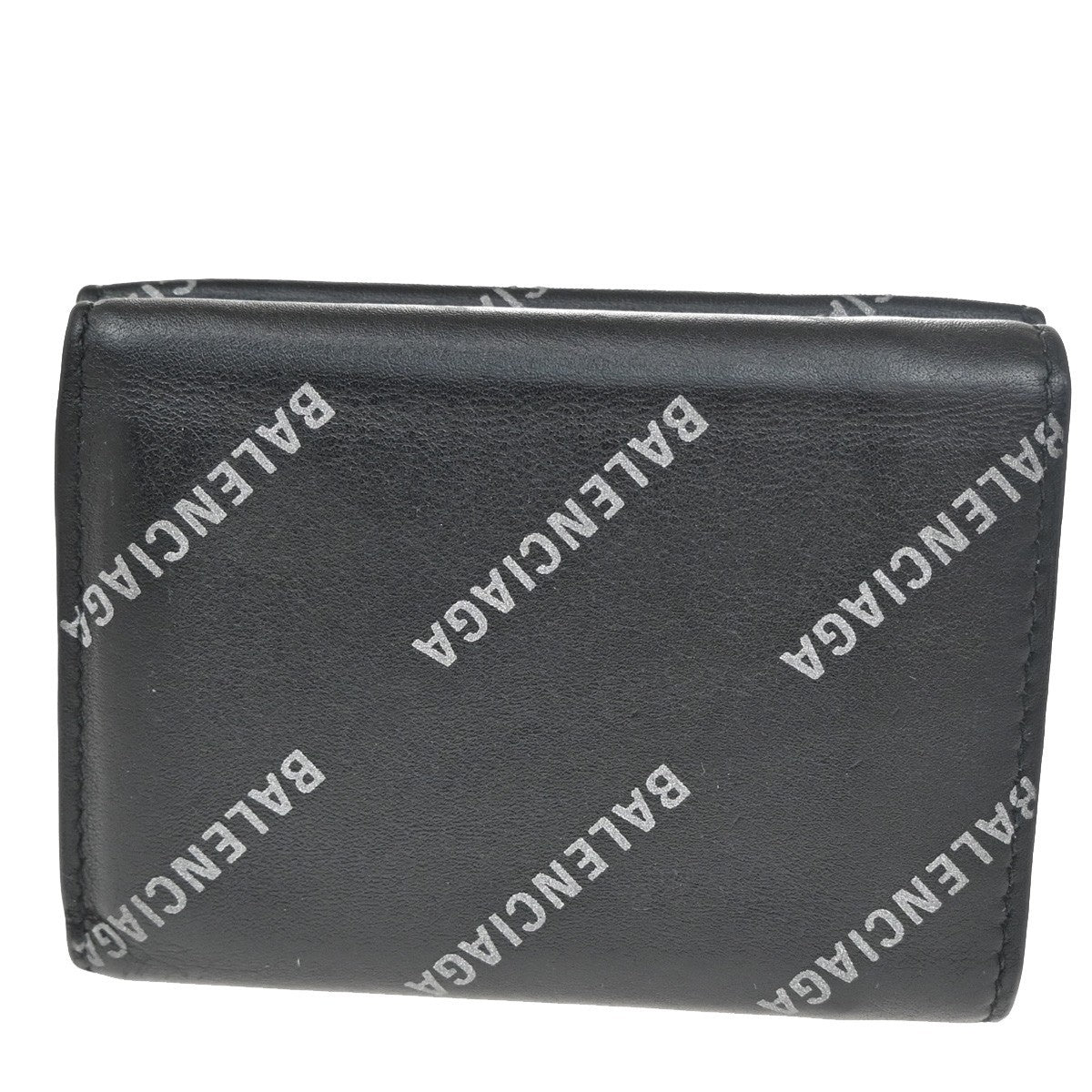 BALENCIAGA Logo Mini Trifold Wallet Purse Leather Black SHW Italy 60TA315